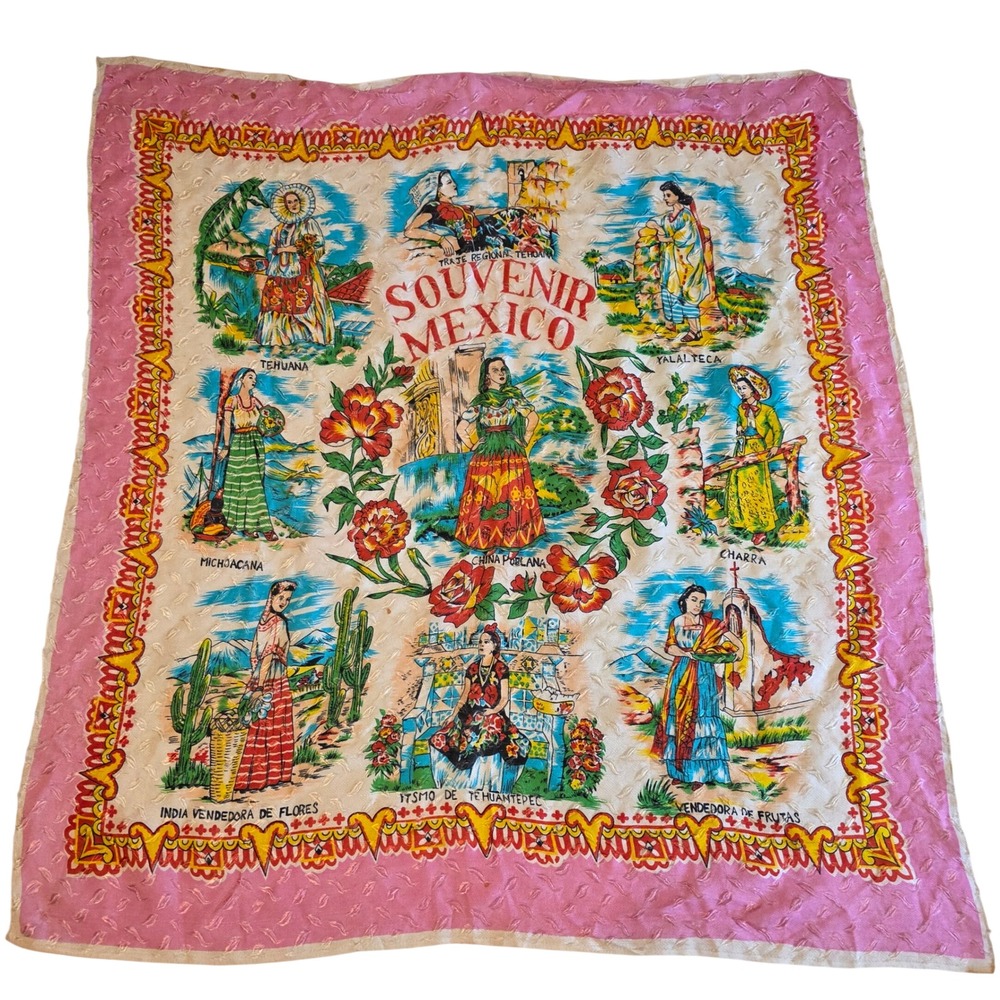 Vintage 40s 50s Souvenir Mexico Scarf Pink Border Regional Dress Jacquard 28x28